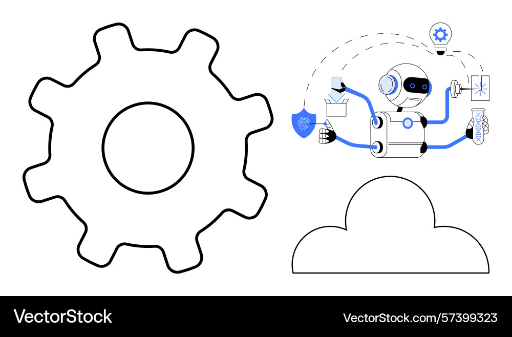 Robot automating tasks with gear and cloud concept Robot automating tasks with gear and cloud concept vector image