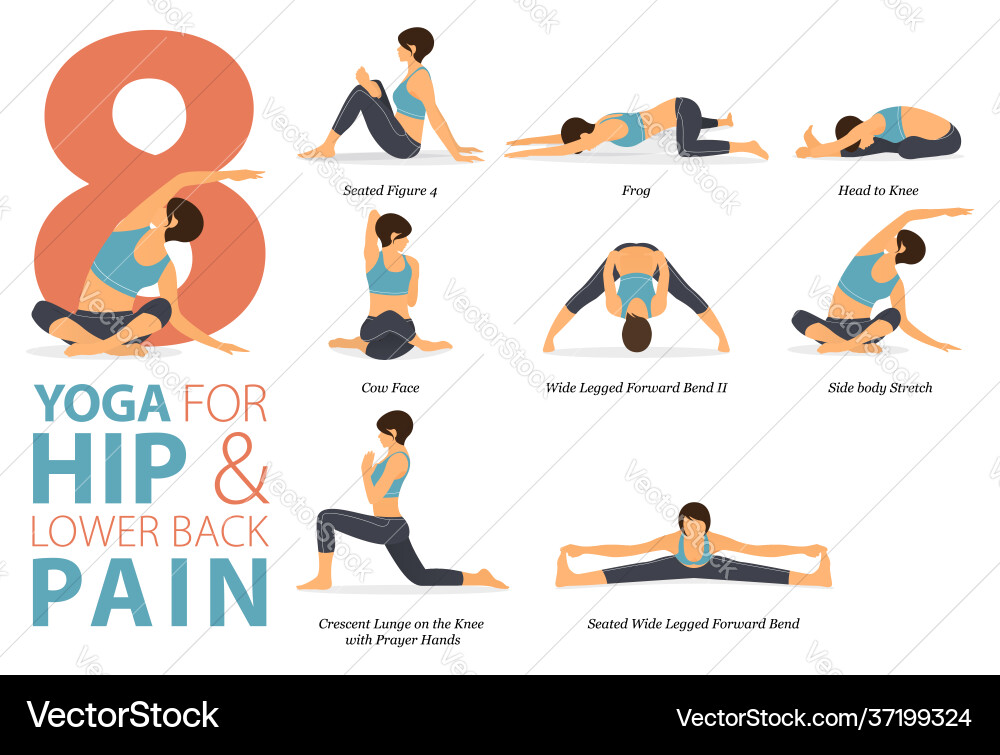 8 yoga poses for hip and lower back pain concept Vector Image