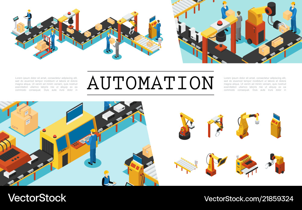 Isometrische automatische Fabrikelemente Set Isometrische automatische Fabrikelemente Set vektorbild