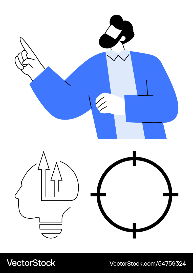 Man pointing upward alongside brain with arrows Man pointing upward alongside brain with arrows Vector Image