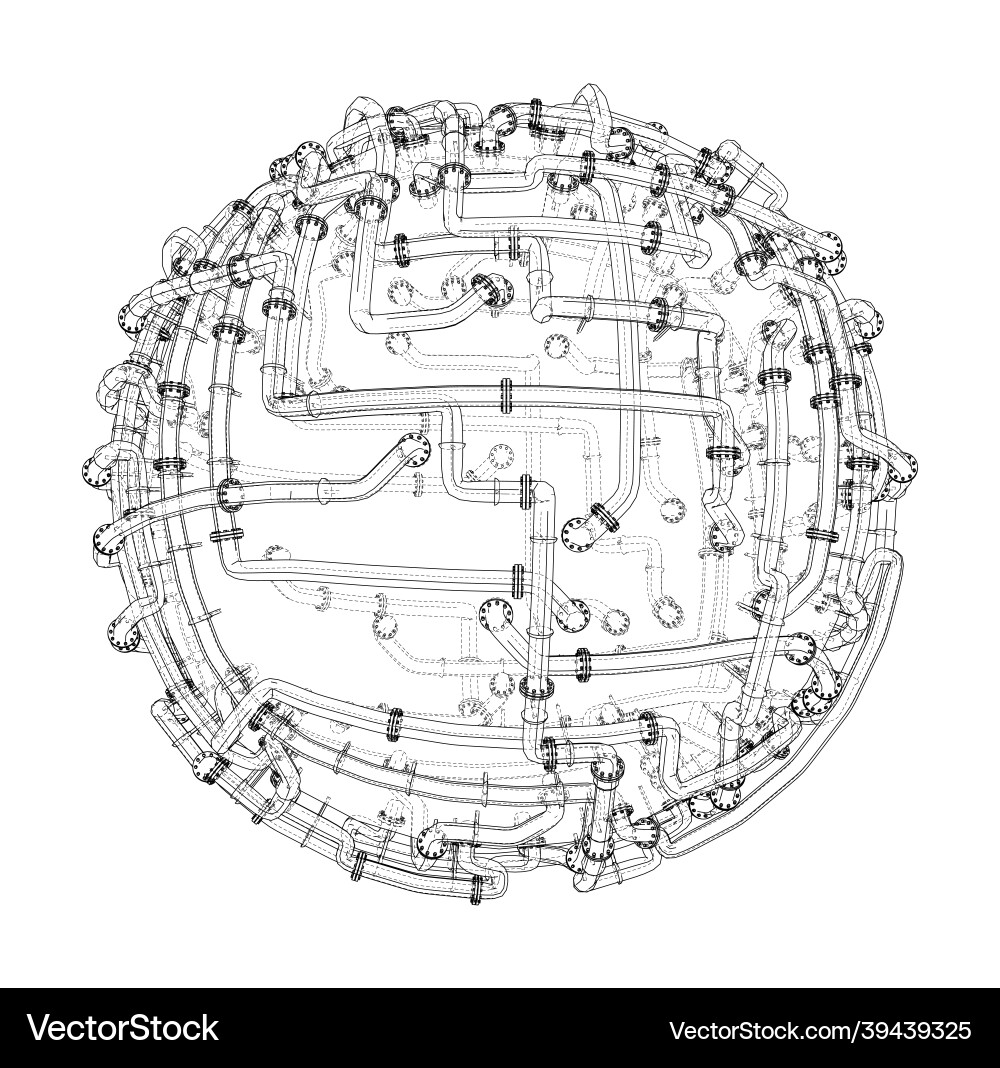 Pipes with flanges around a large sphere Vector Image