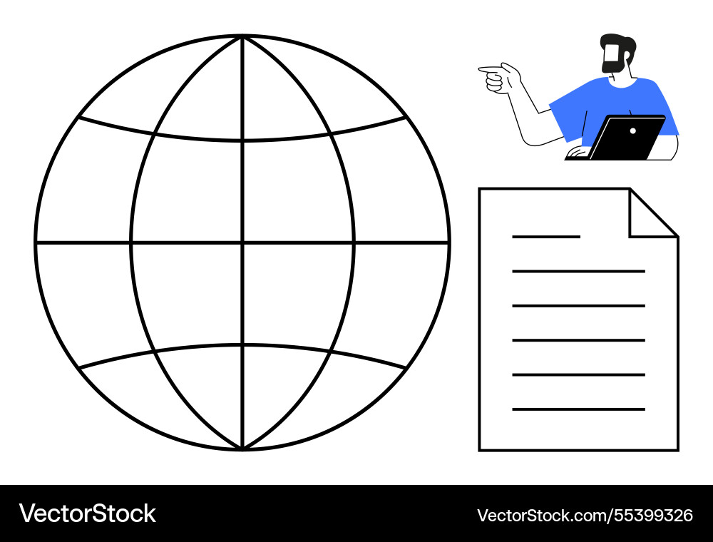 Man with laptop pointing at document beside globe Man with laptop pointing at document beside globe vector image