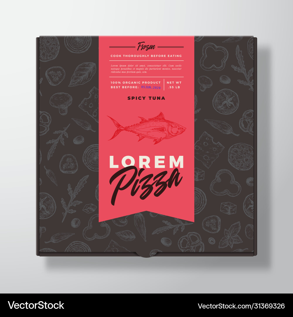 Spicy tuna fish frozen pizza realistic cardboard Spicy tuna fish frozen pizza realistic cardboard vector image