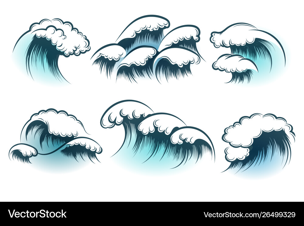 Hand Drawn Ocean Wave Set Royalty Free Vector Image