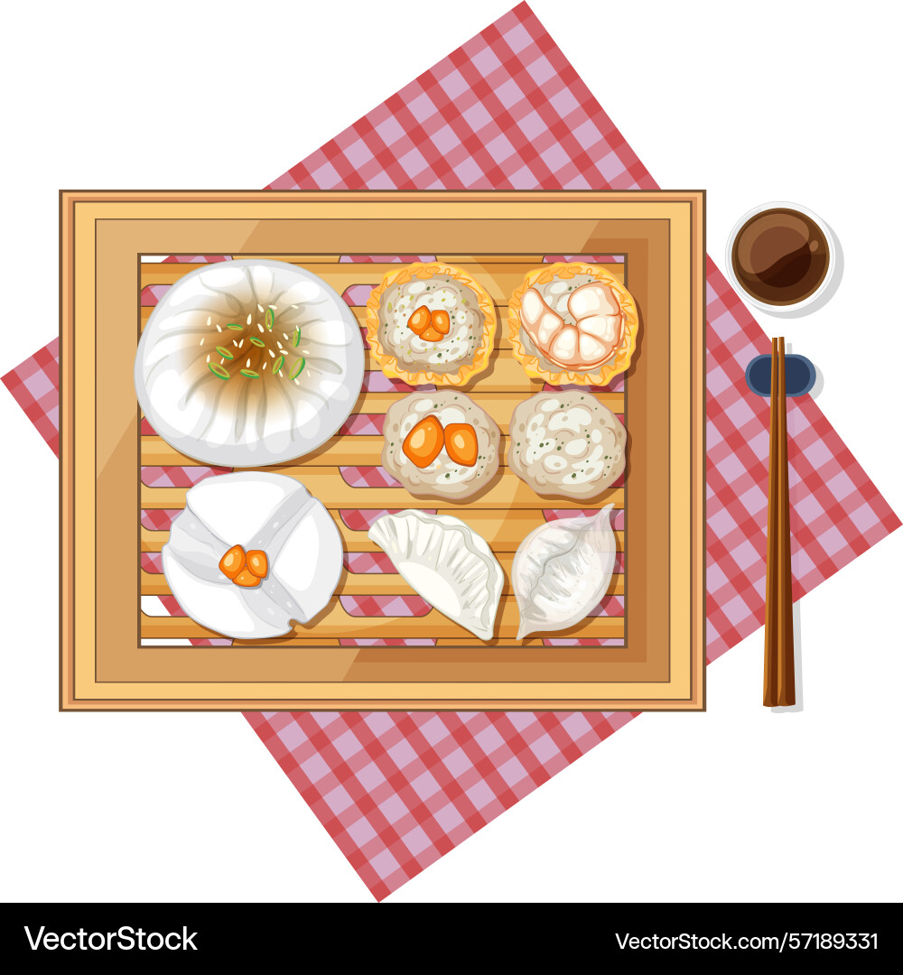 Assorted dim sum on a bamboo steamer Assorted dim sum on a bamboo steamer vector image