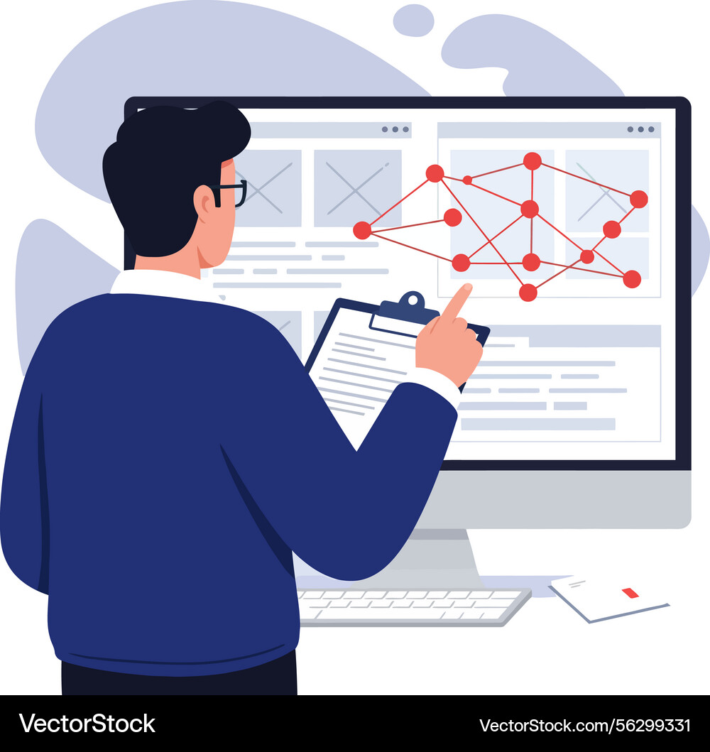 Businessman analyzing data on computer screen Businessman analyzing data on computer screen vector image