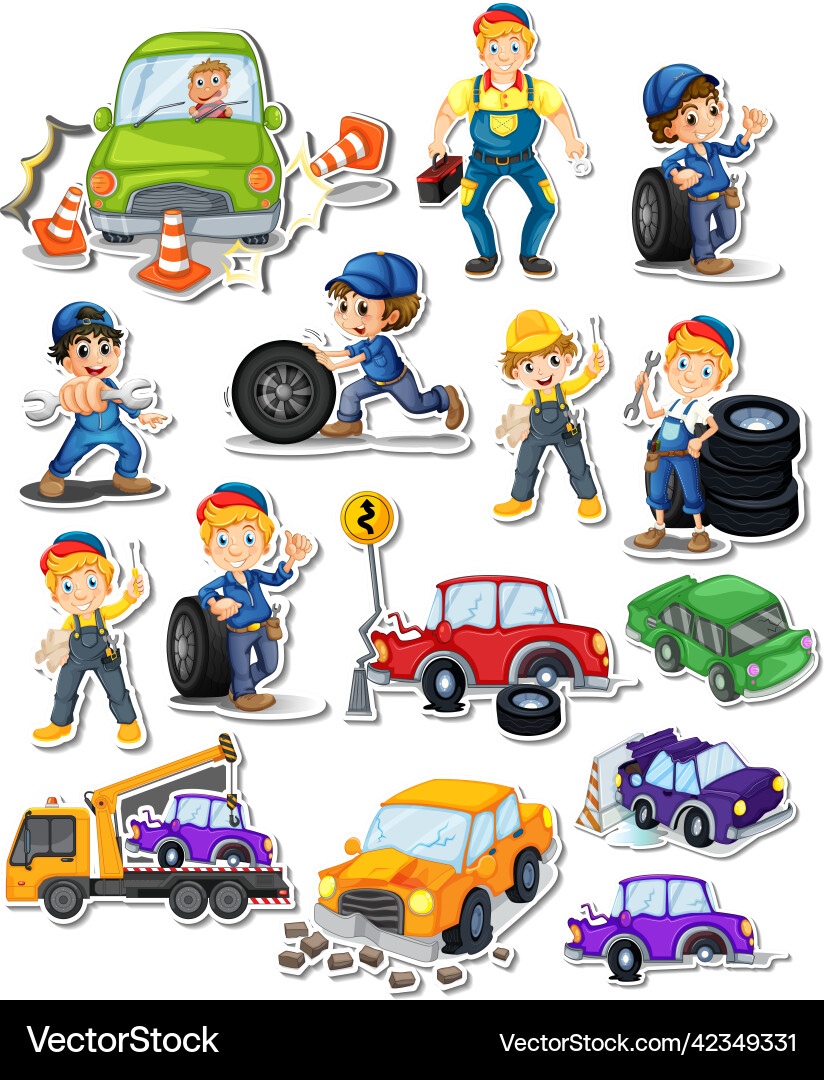 Sticker set of professions characters and objects Sticker set of professions characters and objects Vector Image