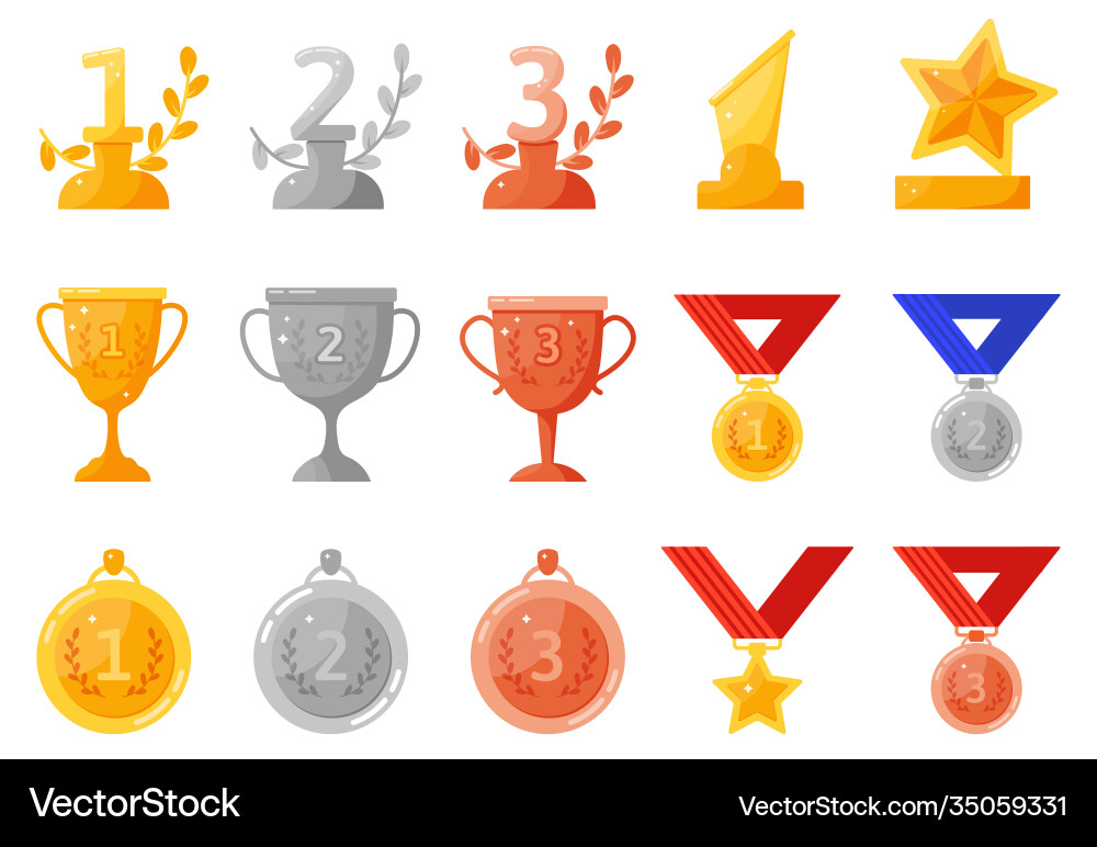 Trophy medals and cups gold silver bronze Trophy medals and cups gold silver bronze vector image