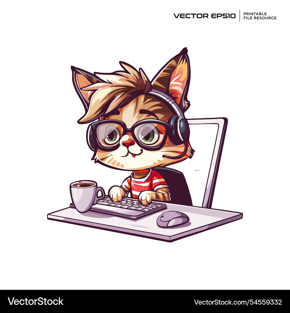 Cute cat working in front of the computer Cute cat working in front of the computer vector image