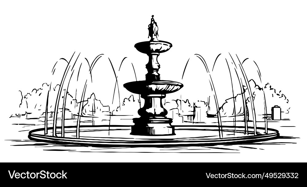 Fountain in park sketch engraving style vector image