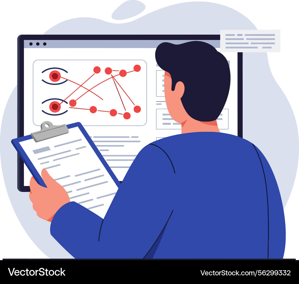 Man analyzing eye tracking data on digital screen Man analyzing eye tracking data on digital screen vector image