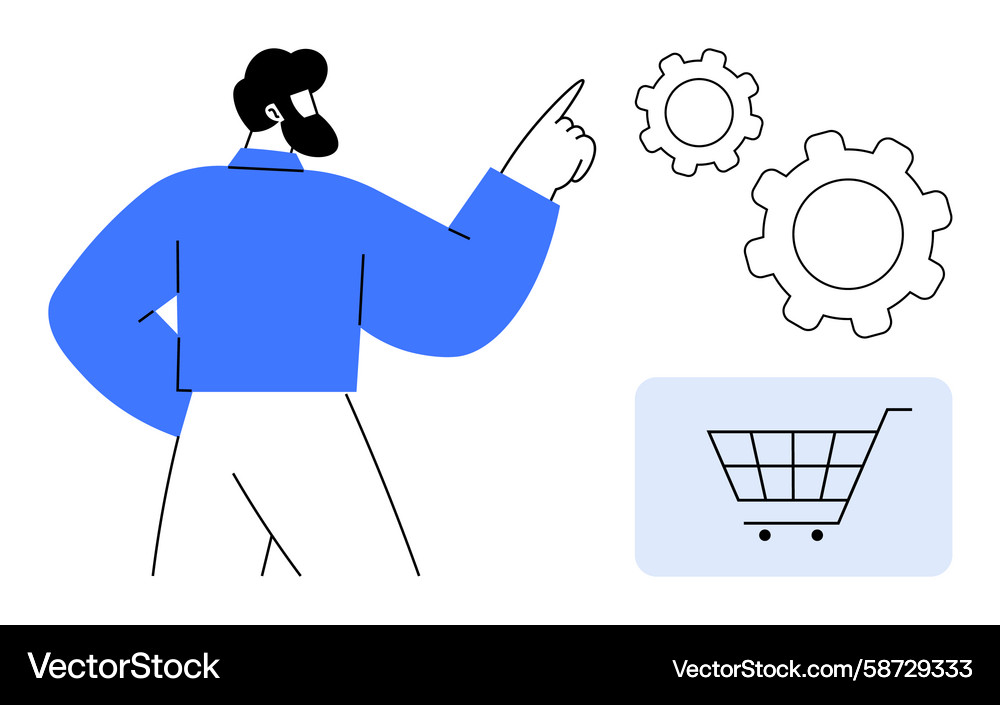 Man pointing at gears and shopping cart Vector Image