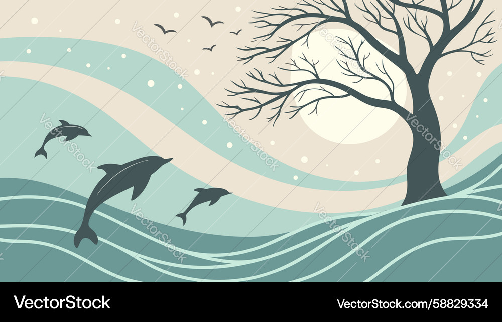 Dynamic dolphins with abstract waves and tree Vector Image
