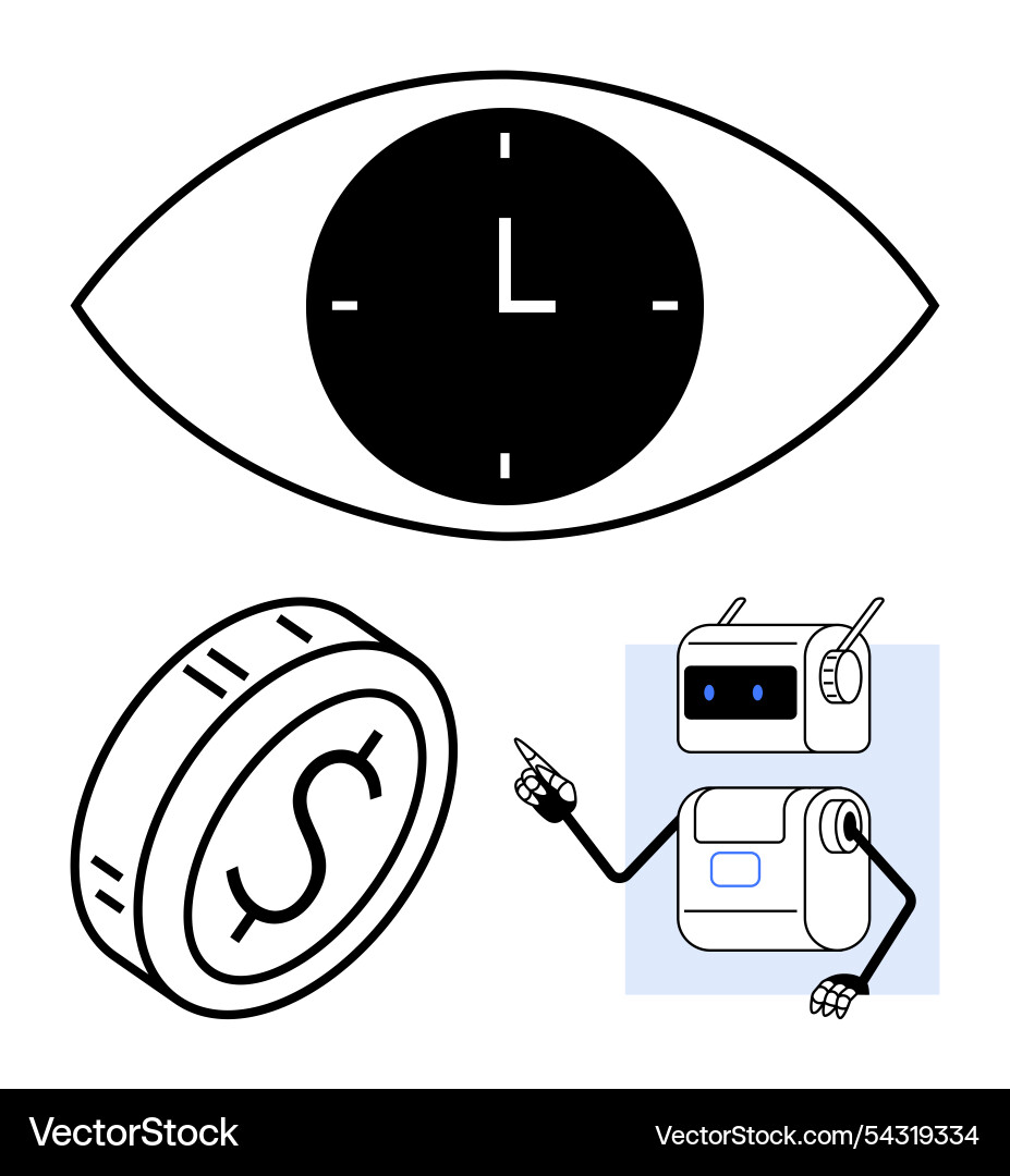 Eye with clock dollar coin and robot - concept Vector Image