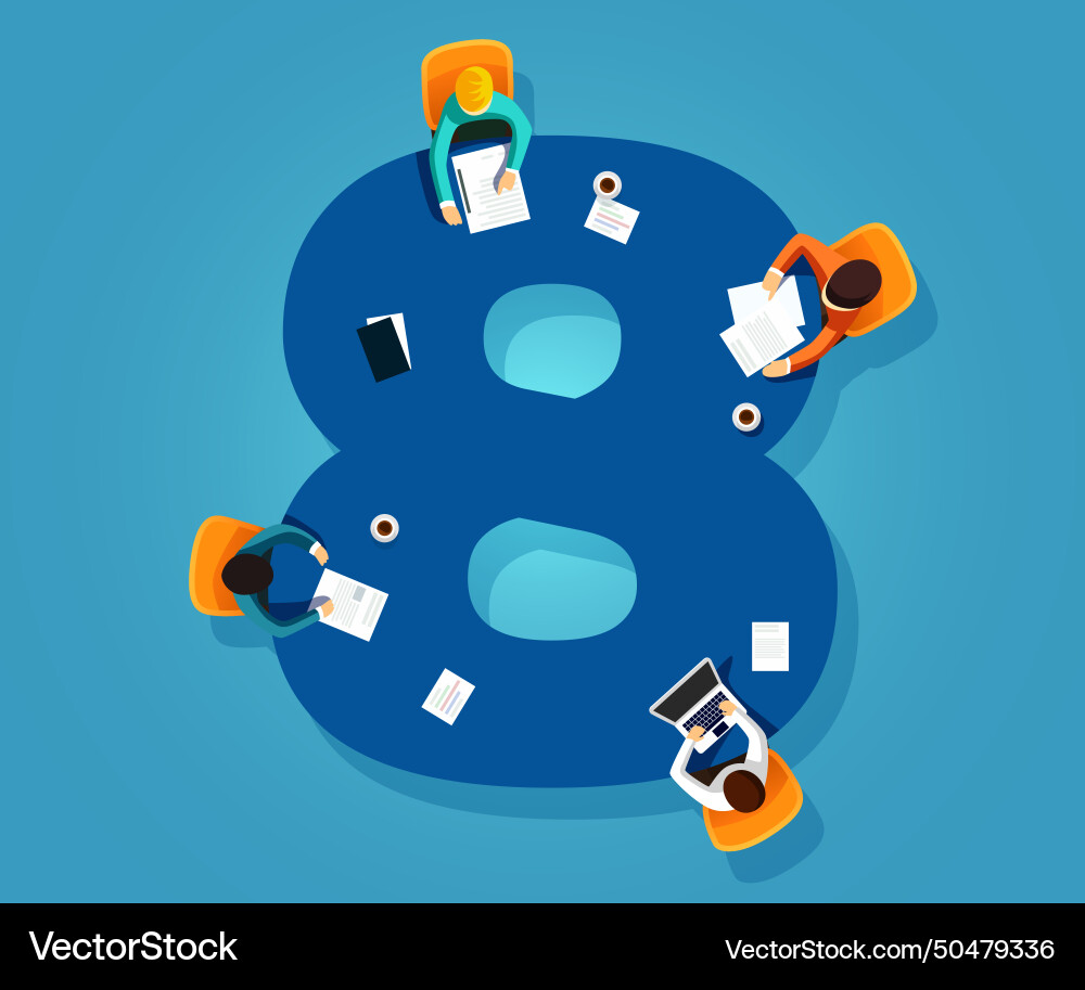 Number 8 team works together at a table Number 8 team works together at a table vector image