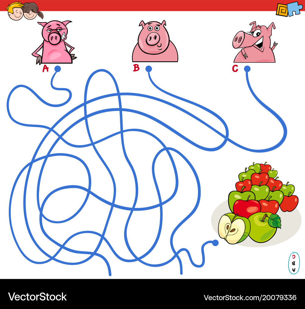 Paths maze game with pigs and apples vector image