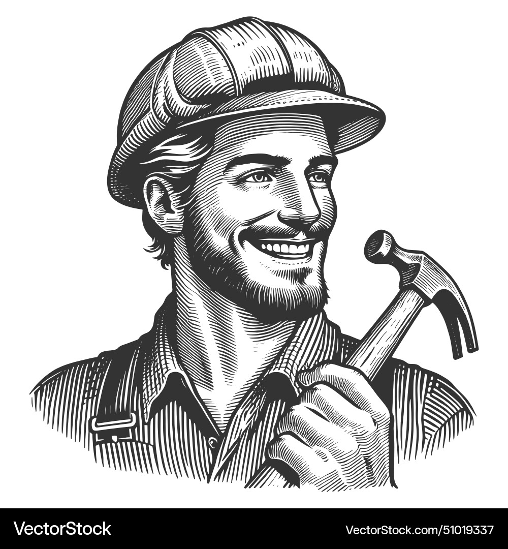 Smiling worker with hammer engraving Royalty Free Vector