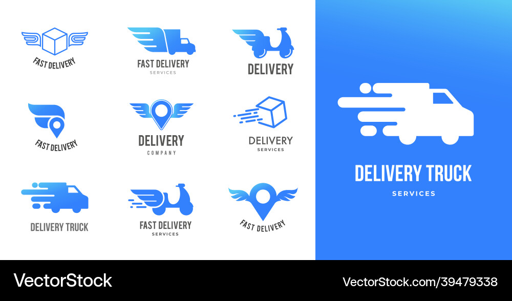 Blue delivery logos collection set of emblems Blue delivery logos collection set of emblems vector image