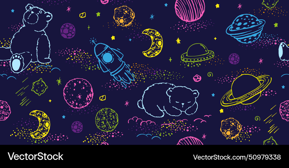 Seamless pattern with space objects and bears vector image