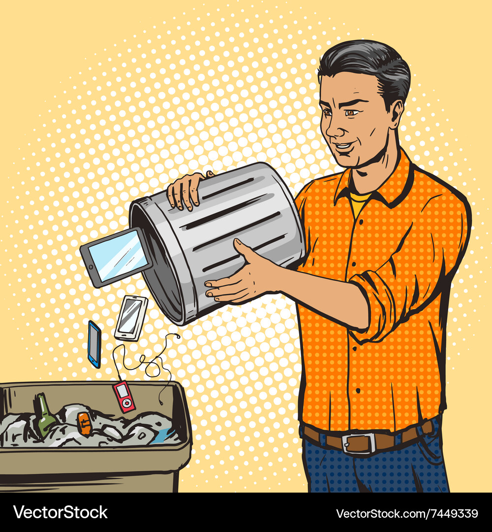 Man throws gadget device into trash pop art Vector Image