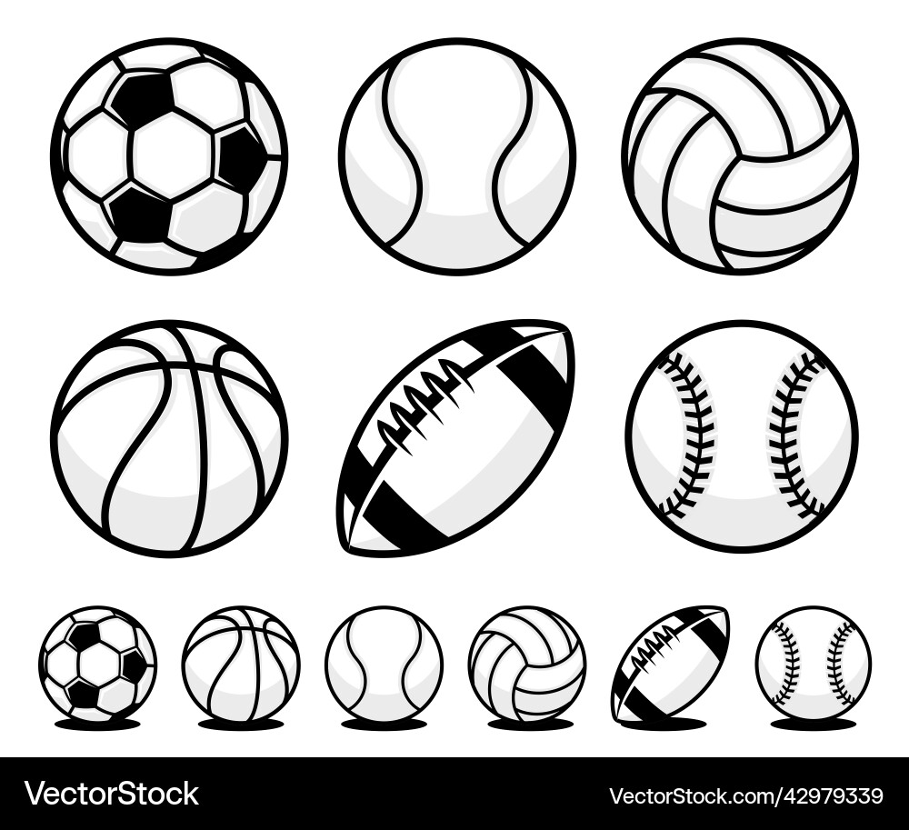 Sports Ball Icon Set - Black & White Vector Image