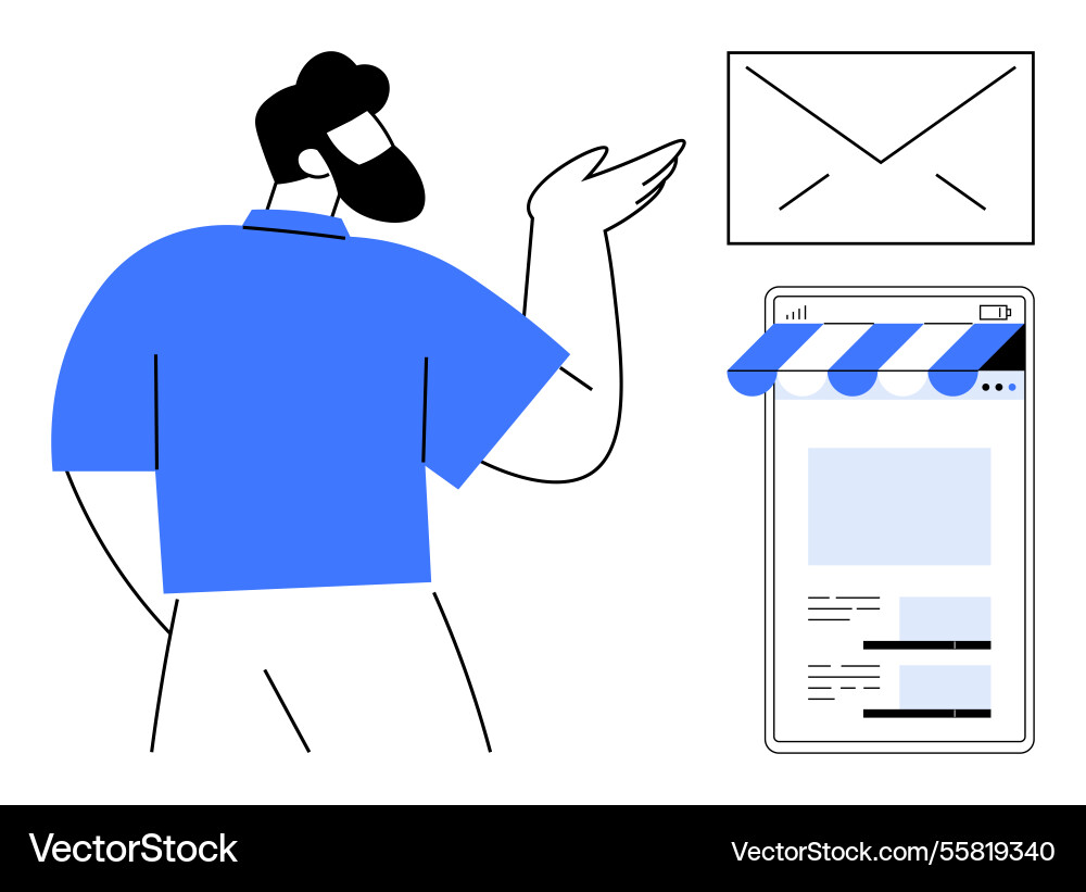 Man presenting email and online store interface Man presenting email and online store interface vector image