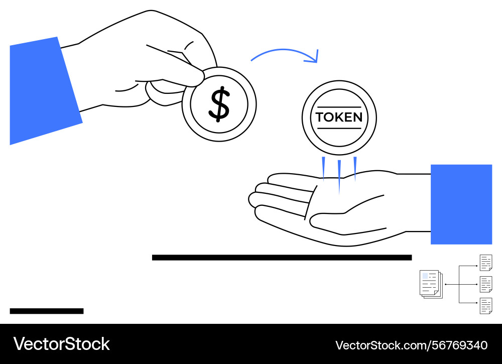 Token exchange process with hands and digital Token exchange process with hands and digital vector image