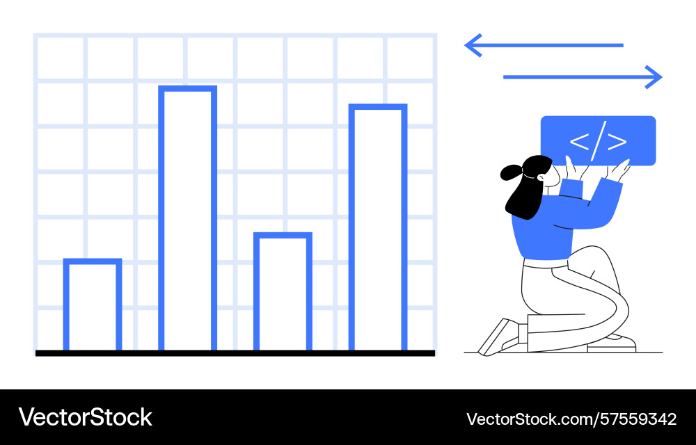 Developer with code panel analyzing bar graph data Developer with code panel analyzing bar graph data vector image