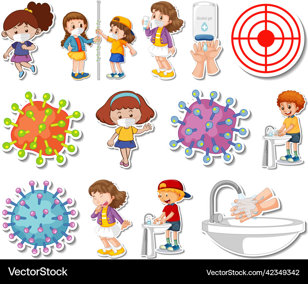 Sticker set of covid19 icons and cartoon Sticker set of covid19 icons and cartoon vector image