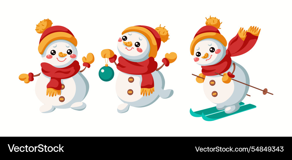 Funny snowmen waving holding bauble and skiing Funny snowmen waving holding bauble and skiing vector image