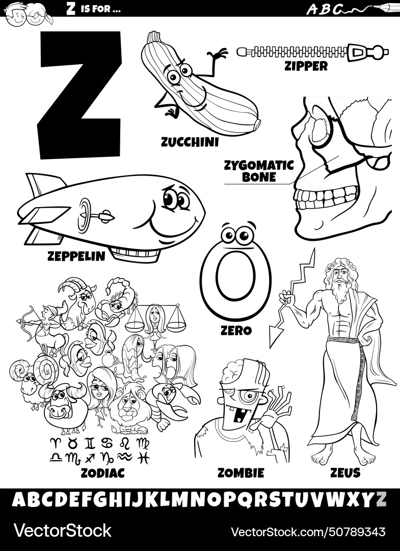 Letter z set with cartoon objects and characters vector image