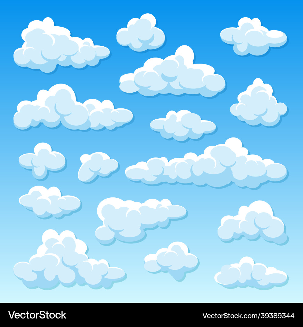 Various round clouds with shadow on blue gradient Vector Image