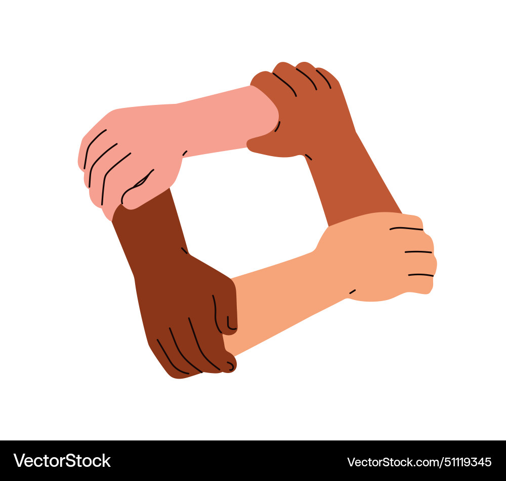 Four diverse hands in unity holding one another Vector Image