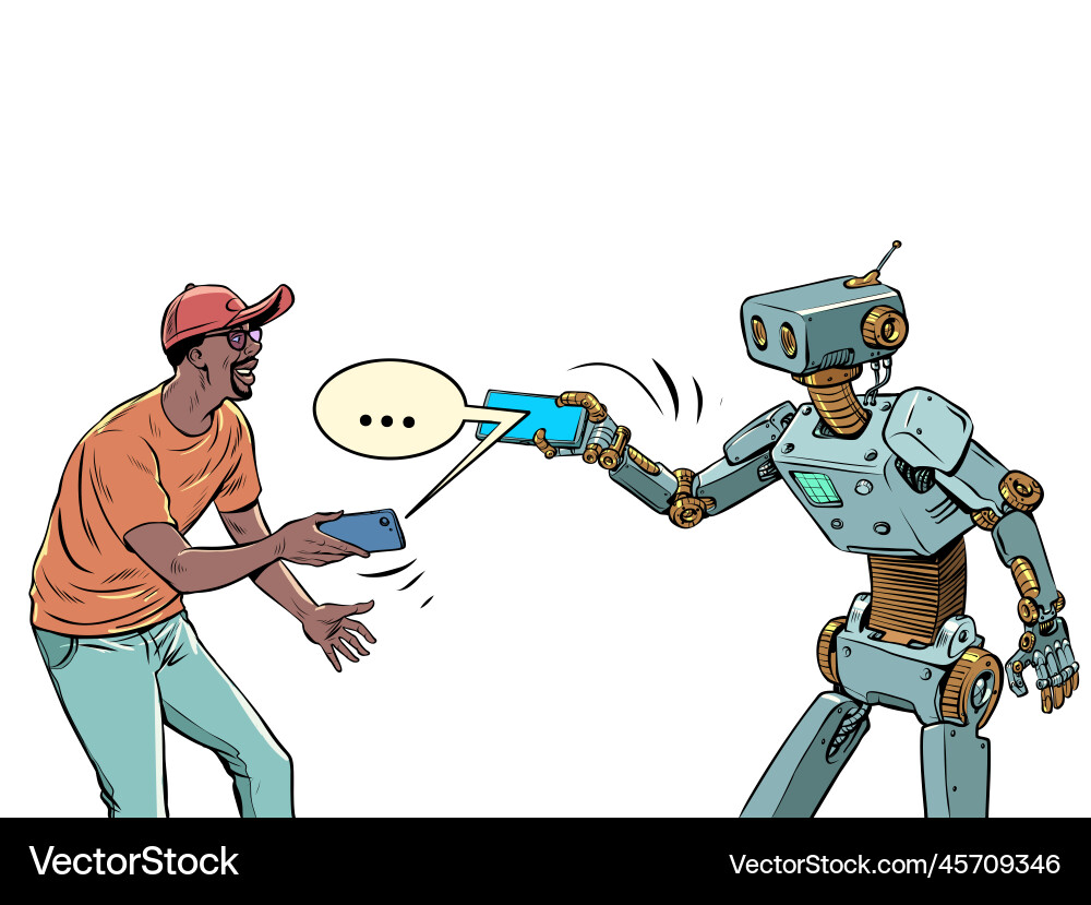 Man and robot communicate in a messenger Man and robot communicate in a messenger vector image