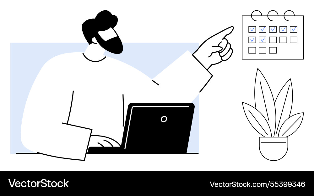 Man working on laptop and pointing to a calendar Man working on laptop and pointing to a calendar vector image