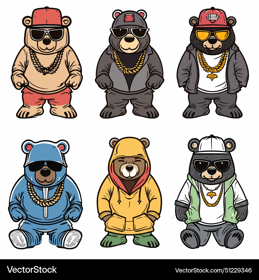 Six cartoon bears dressed hiphop style sunglasses Six cartoon bears dressed hiphop style sunglasses vector image