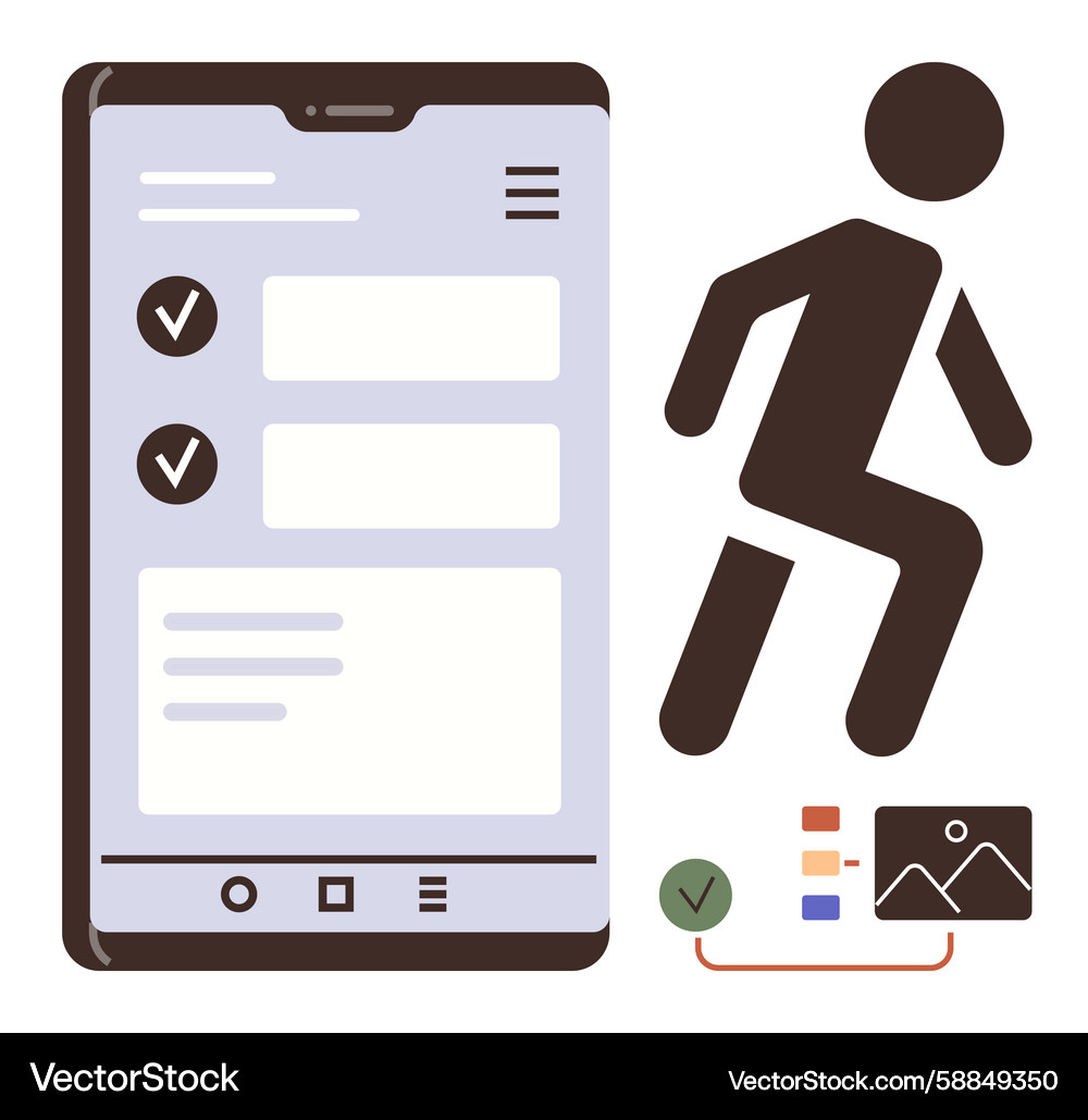 Mobile app with task checklist and running person Mobile app with task checklist and running person Vector Image