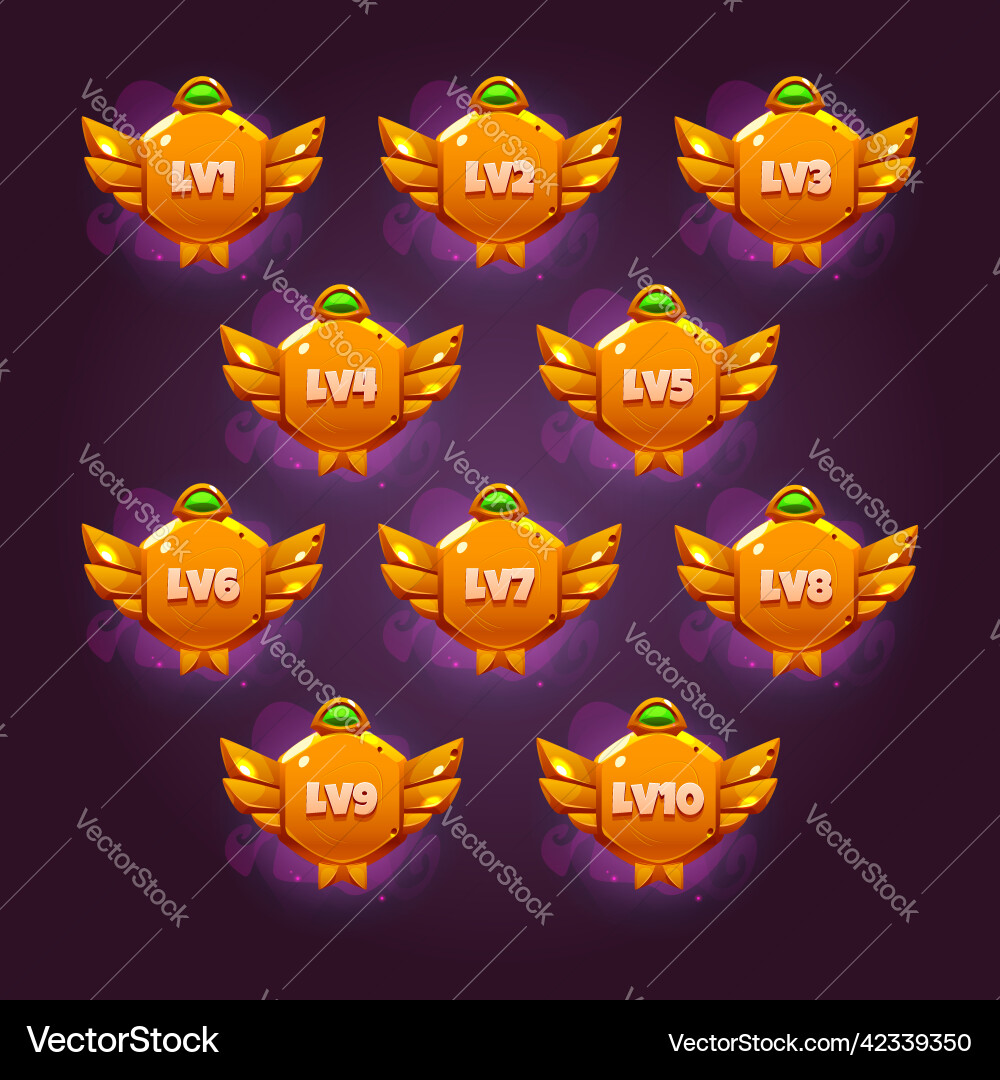 Set of game level ui icons gold badges with wings vector image