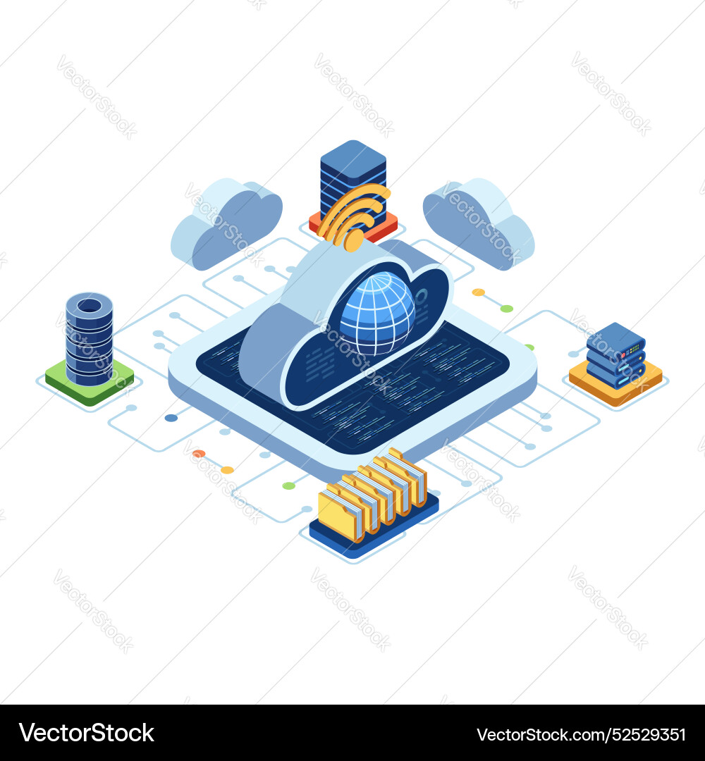 Isometric cloud computing with global network Isometric cloud computing with global network vector image