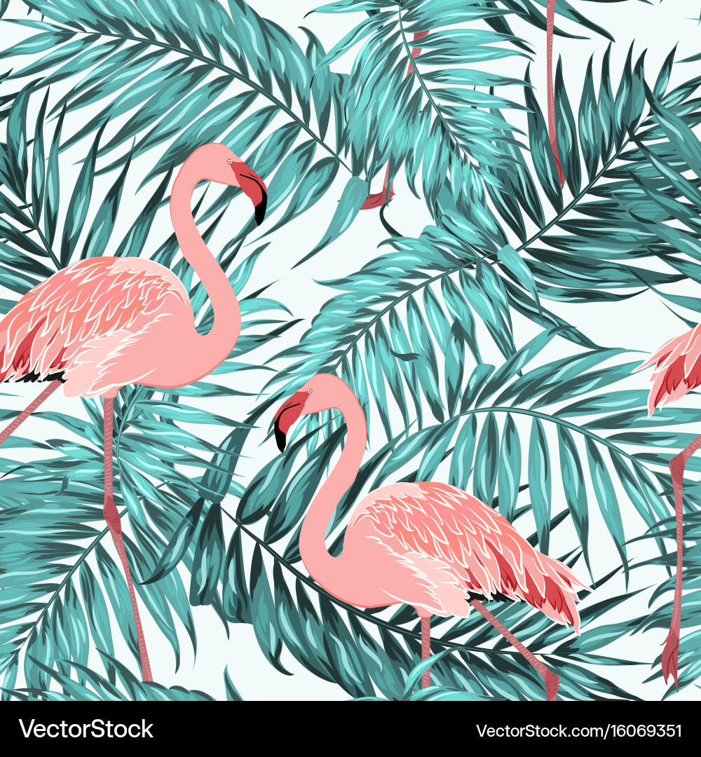 Tropical Flamingos & Palms Vector Image