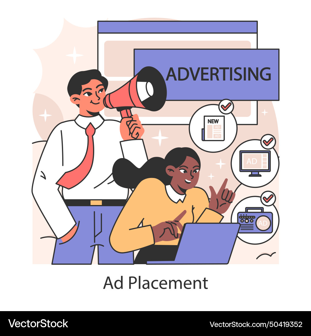 Ad placement marketers strategizing and executing vector image