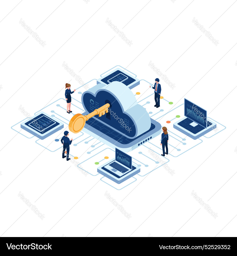 Isometric cloud-based solution with key and user Isometric cloud-based solution with key and user vector image