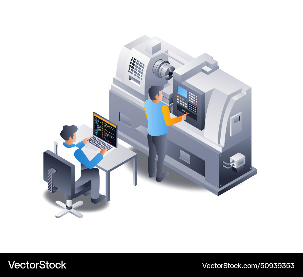 Automatic cnc machine operator flat isometric 3d Automatic cnc machine operator flat isometric 3d vector image