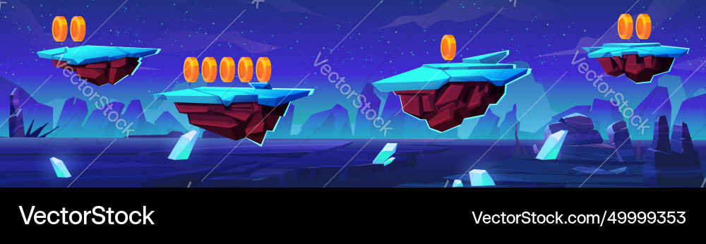 Game level route with coins on floating islands Game level route with coins on floating islands vector image