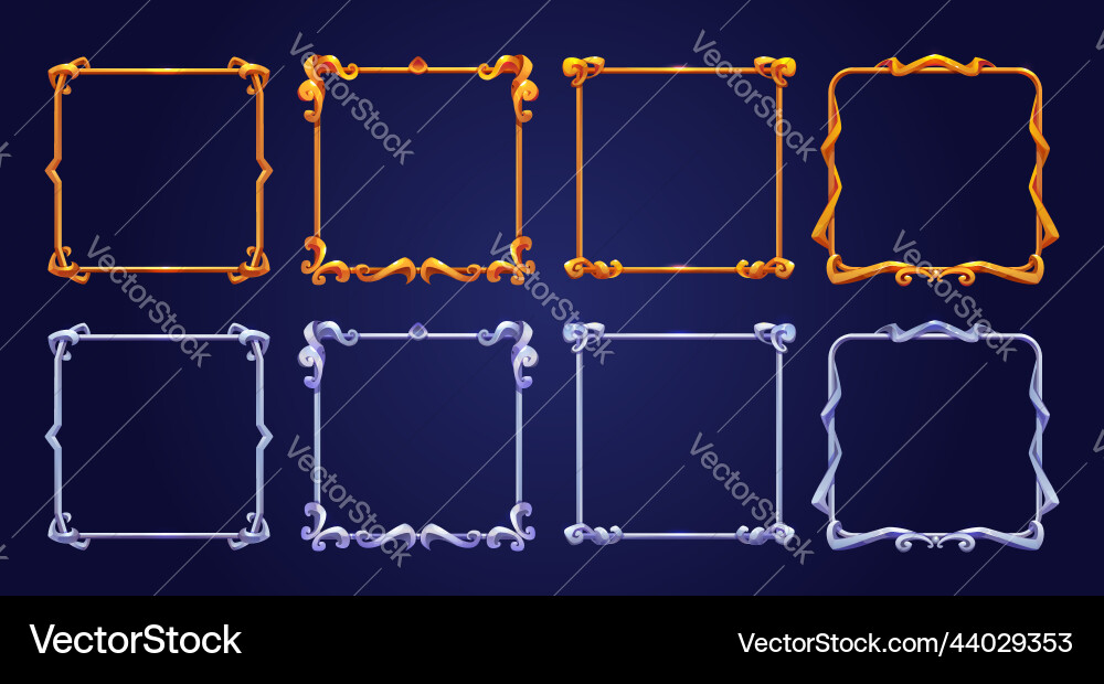 Set of square golden and silver ui game frames Set of square golden and silver ui game frames vector image