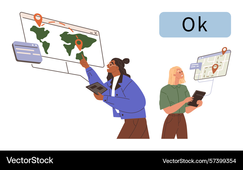 People using digital devices to navigate world map People using digital devices to navigate world map vector image