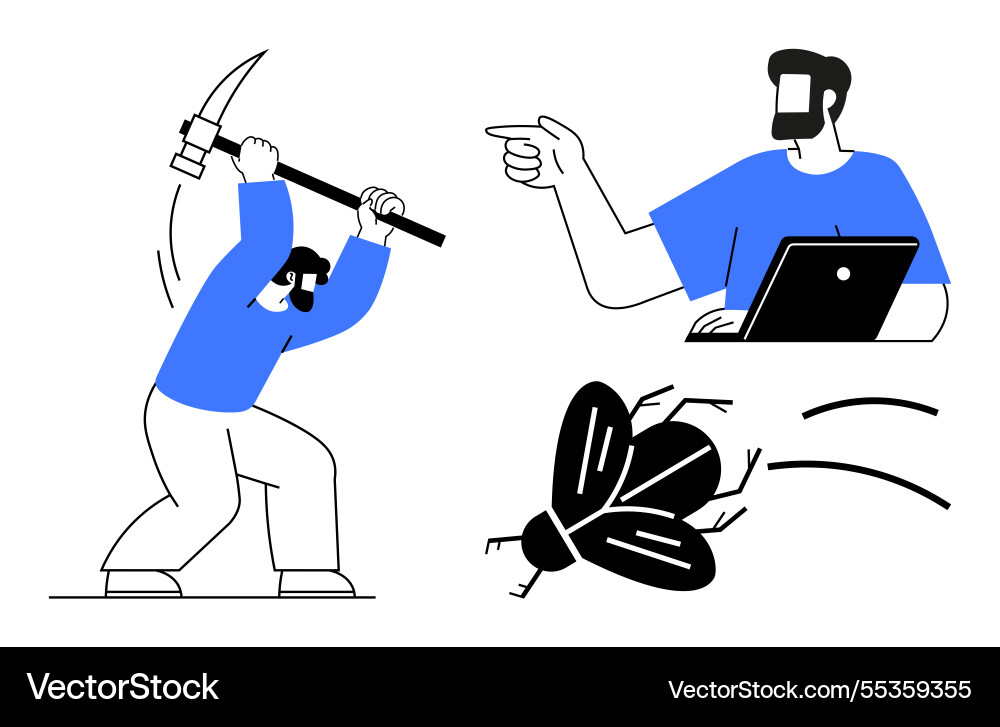 Man smashing bug with pickaxe another Man smashing bug with pickaxe another vector image
