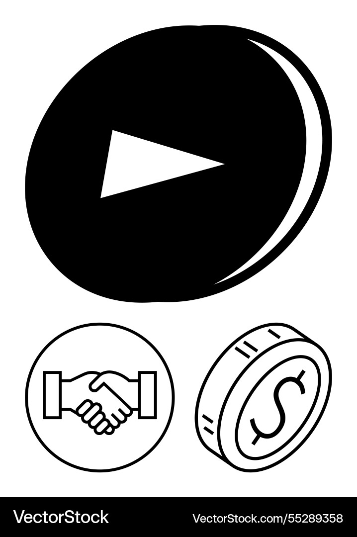 Play button with handshake and coin emphasizing Vector Image