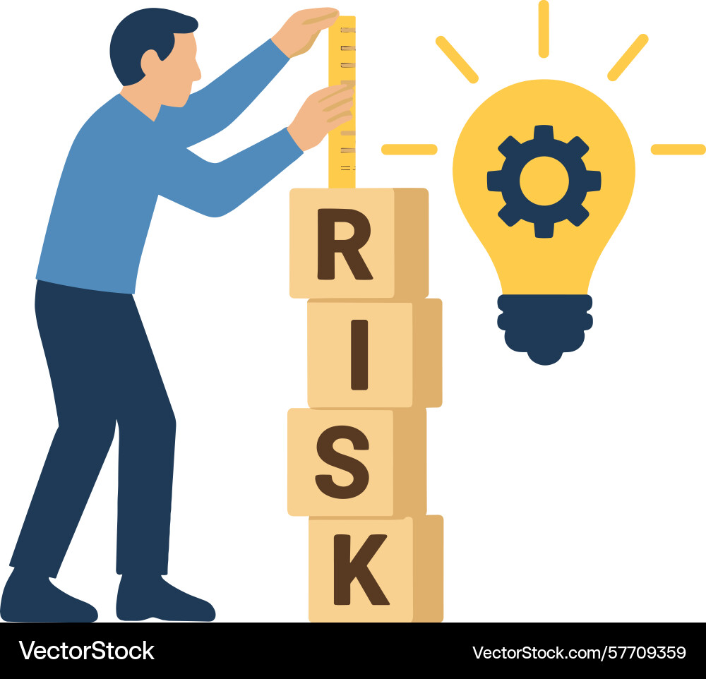 Man measures height of risk blocks with ruler near Man measures height of risk blocks with ruler near vector image