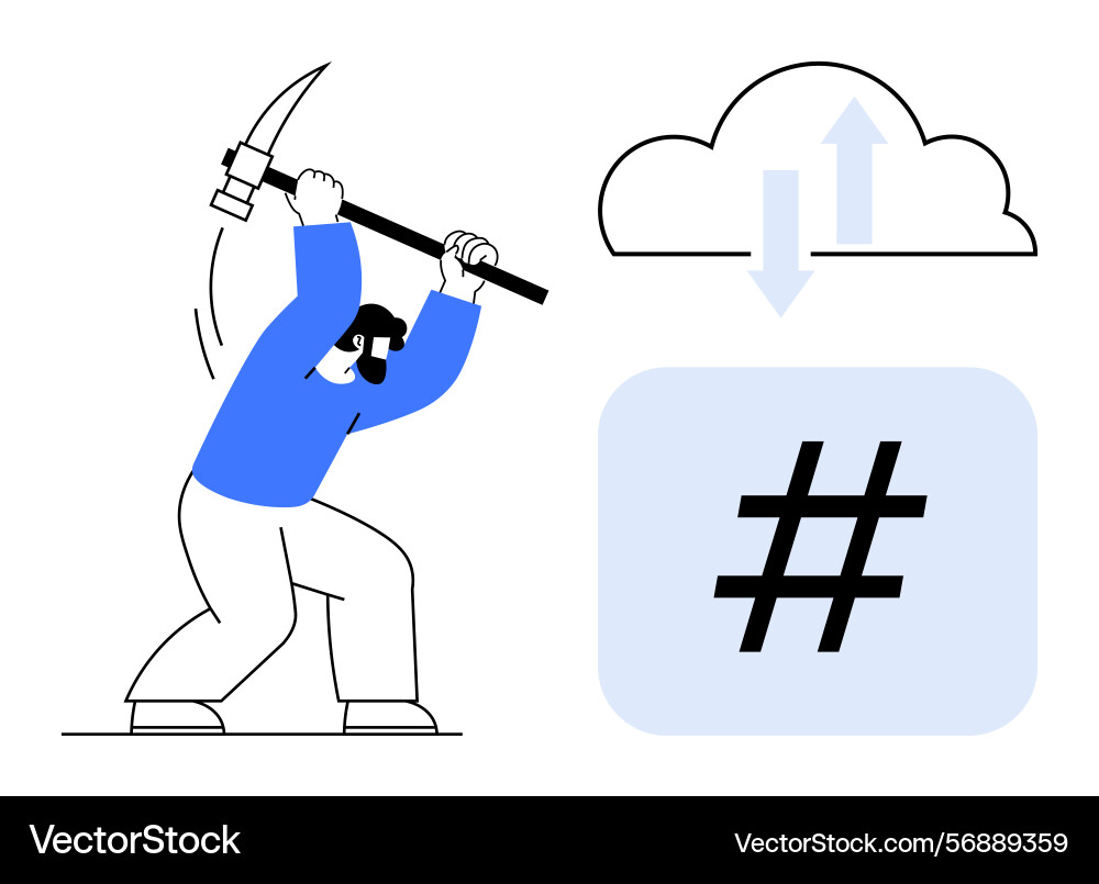 Person mining data with pickaxe next to cloud sync Person mining data with pickaxe next to cloud sync vector image